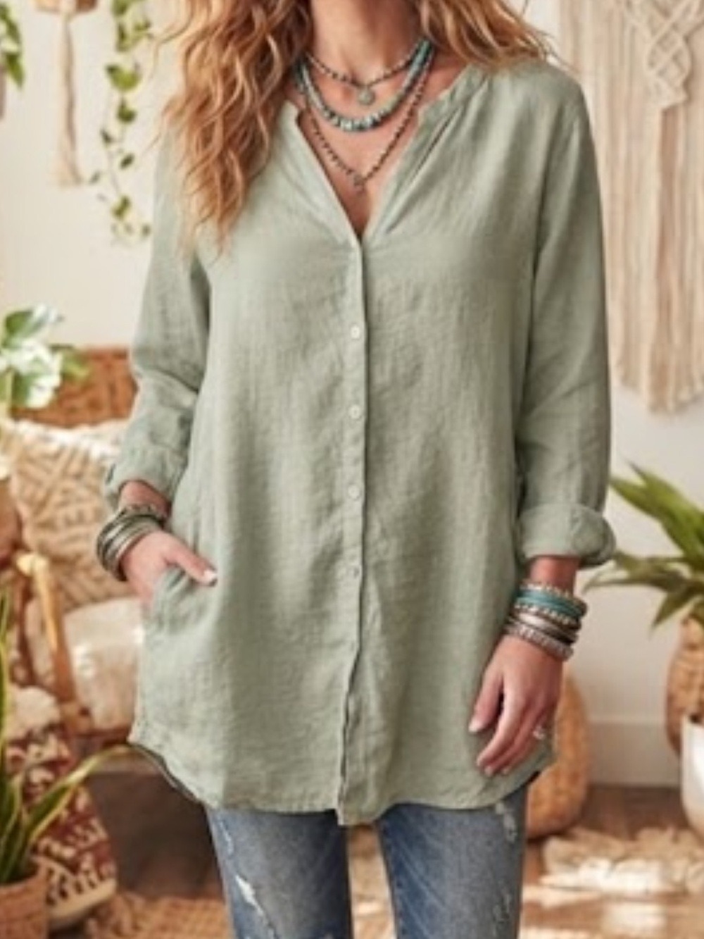 Sigrid Olsen 100% Linen Tunic Shirt Large Sage Green Lagenlook Coastal